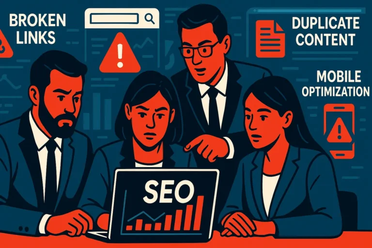 Business team discussing SEO mistakes with warning symbols - featured image