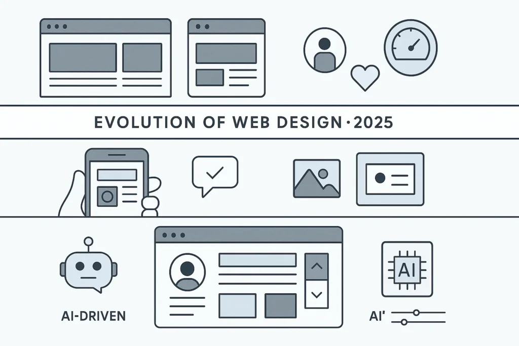 Evolution of Web Design Trends 2025 classic layouts, mobile-first, and AI-driven personalization in a minimalist split-section illustration.