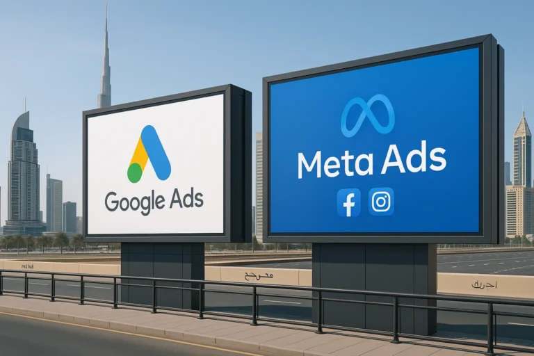Billboards displaying Google Ads and Meta Ads logos side by side with Dubai skyline and Burj Khalifa in the background, highlighting digital advertising options in UAE.