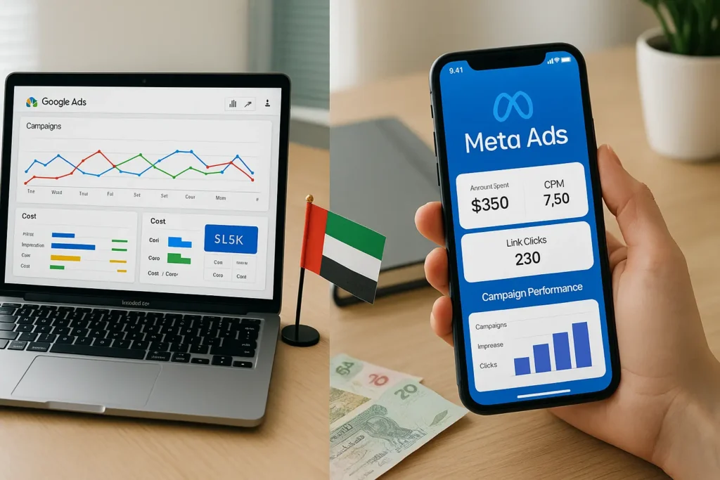 Google ads vs meta ads dashboards for UAE businesses laptop screen shows Google Ads analytics, mobile shows Meta Ads results, with UAE flag and dirham notes on the desk.