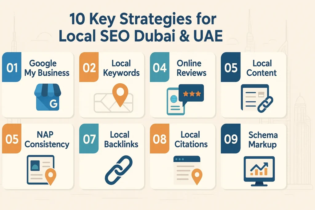 Infographic showing 10 key strategies for Local SEO in Dubai & UAE, including Google My Business, local reviews, and backlinks.
