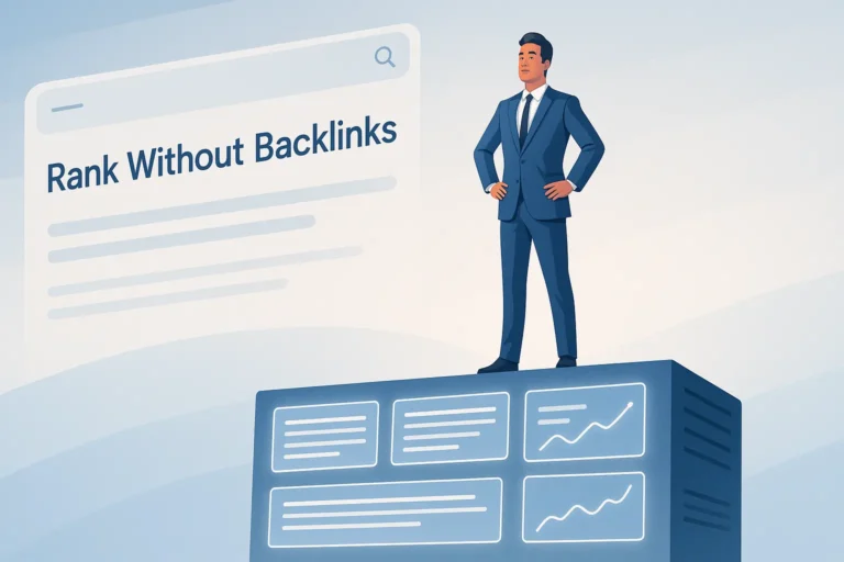 Confident digital marketer standing atop a glowing, content-rich website made of interconnected text blocks and graphs, with a search engine results page in the background displaying “Rank Without Backlinks.” Clean, modern business blog style.