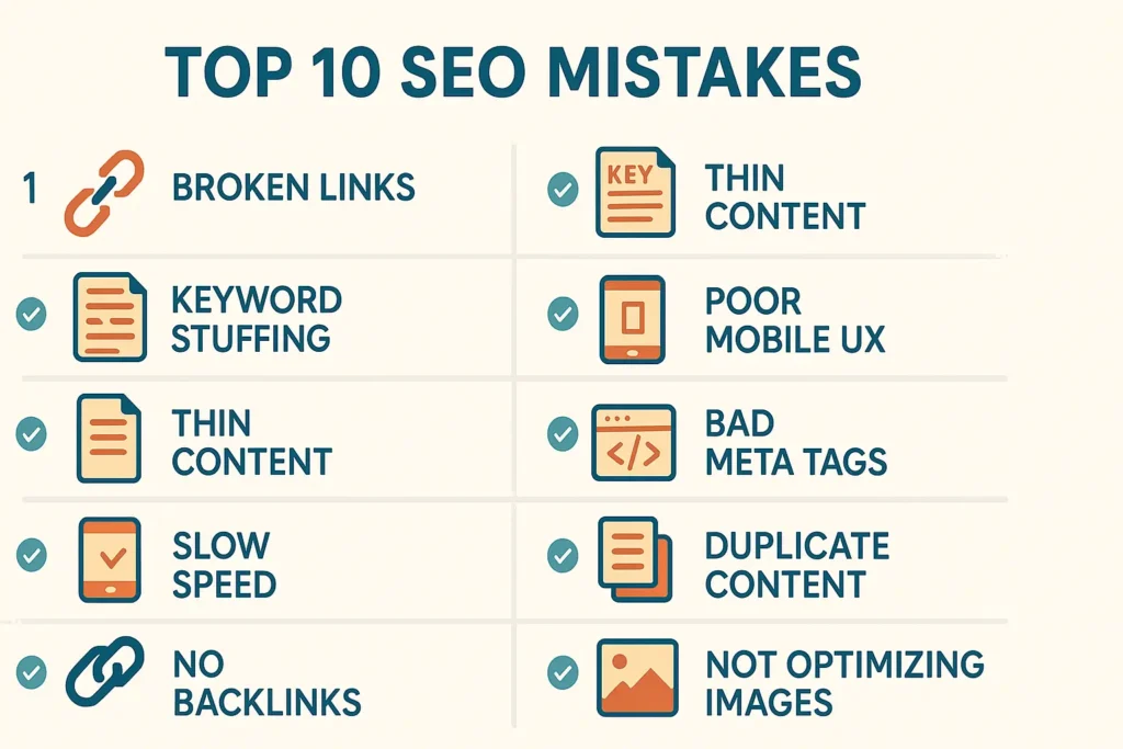 Infographic showing top 10 SEO mistakes like broken links, keyword stuffing, duplicate content, thin content, slow speed, poor mobile UX, no backlinks, bad meta tags, not optimizing images.