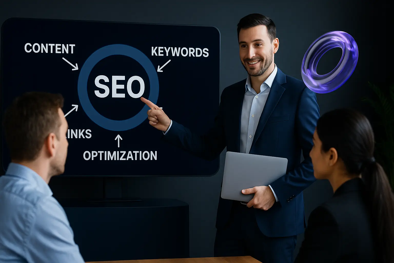 A professional presenting an SEO strategy to colleagues during a meeting in a modern office.