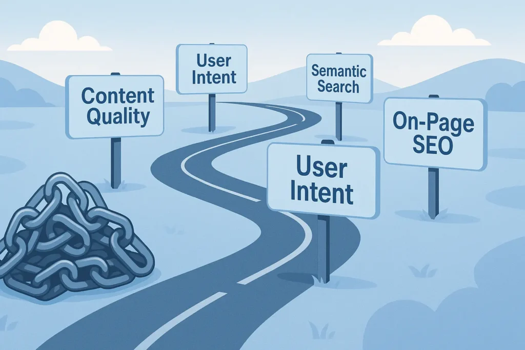 Roadmap for Rank Without Backlinks, showing key SEO signposts and bypassed metal chains.