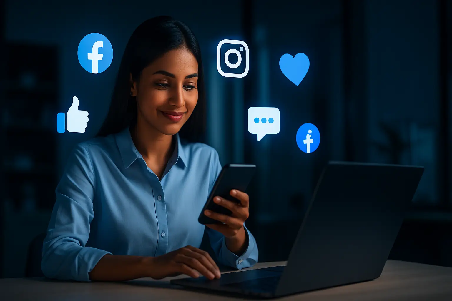Woman smiling while using a smartphone and laptop with social media icons displayed around her.
