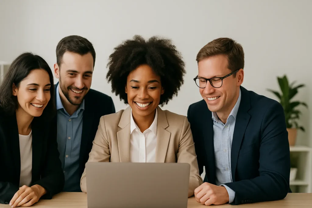 Happy team of diverse digital marketing professionals smiling and working together on a laptop during a meeting