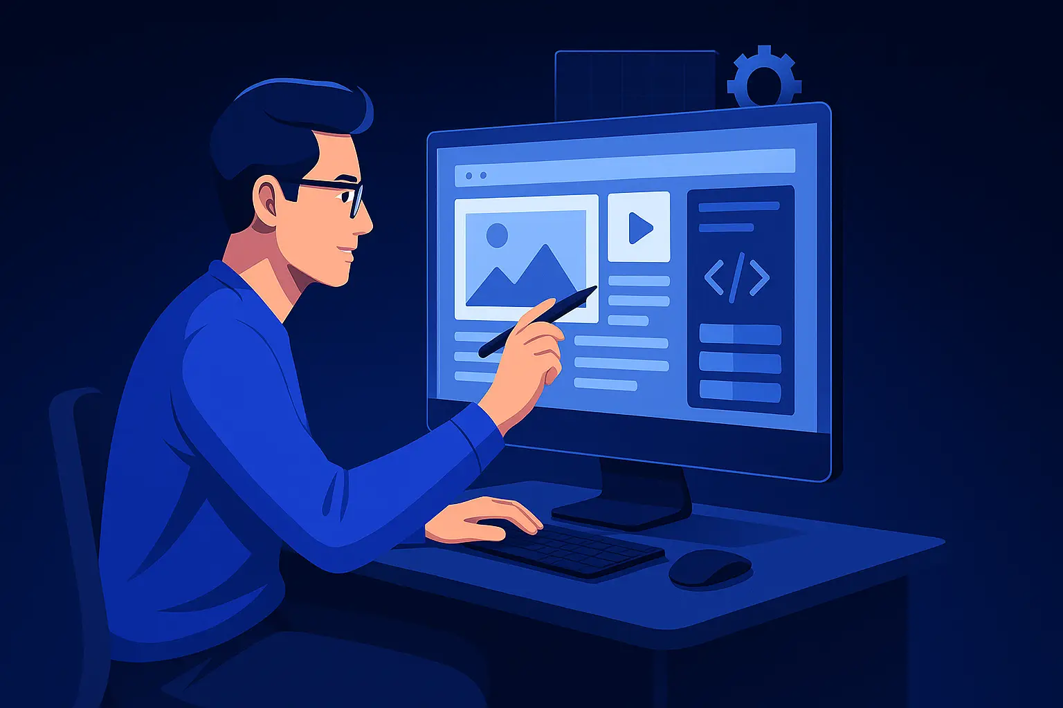 Illustration of a designer working on a website project at a computer in a creative workspace.