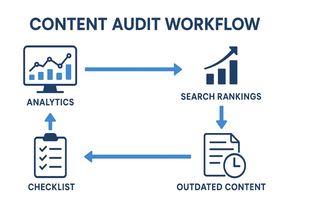 A blue-and-white infographic displays the content audit workflow with analytics, search rankings, outdated content, and checklist icons, connected by arrows for a clear step-by-step review process.