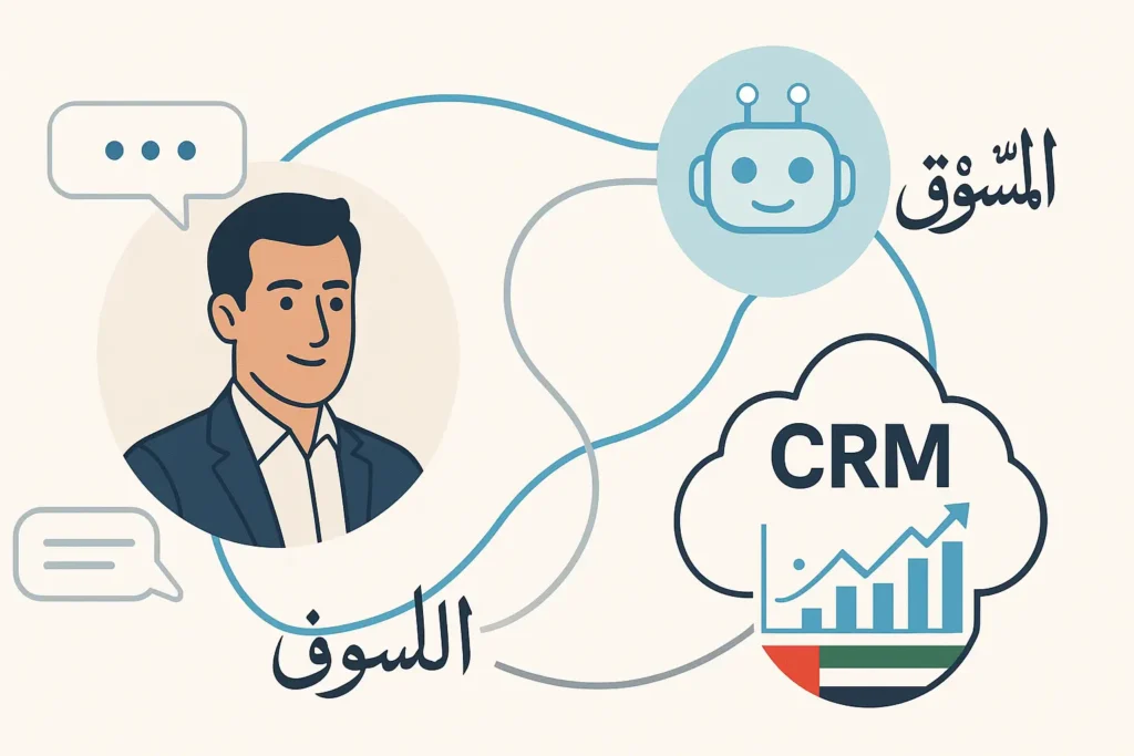 Illustration shows Marketing Automation UAE process: business owner, AI chatbot, CRM system connected by digital flows, Arabic elements, data charts.