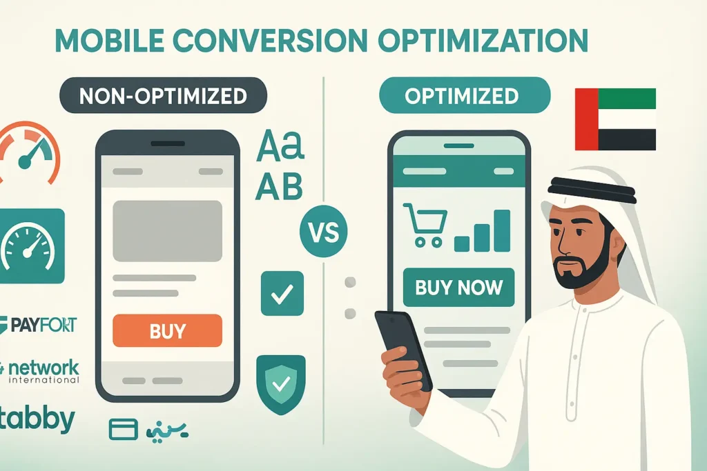 Infographic split-screen showing mobile Conversion Rate Optimization UAE, payment icons, page speed, trust badges, and Arabic text support.
