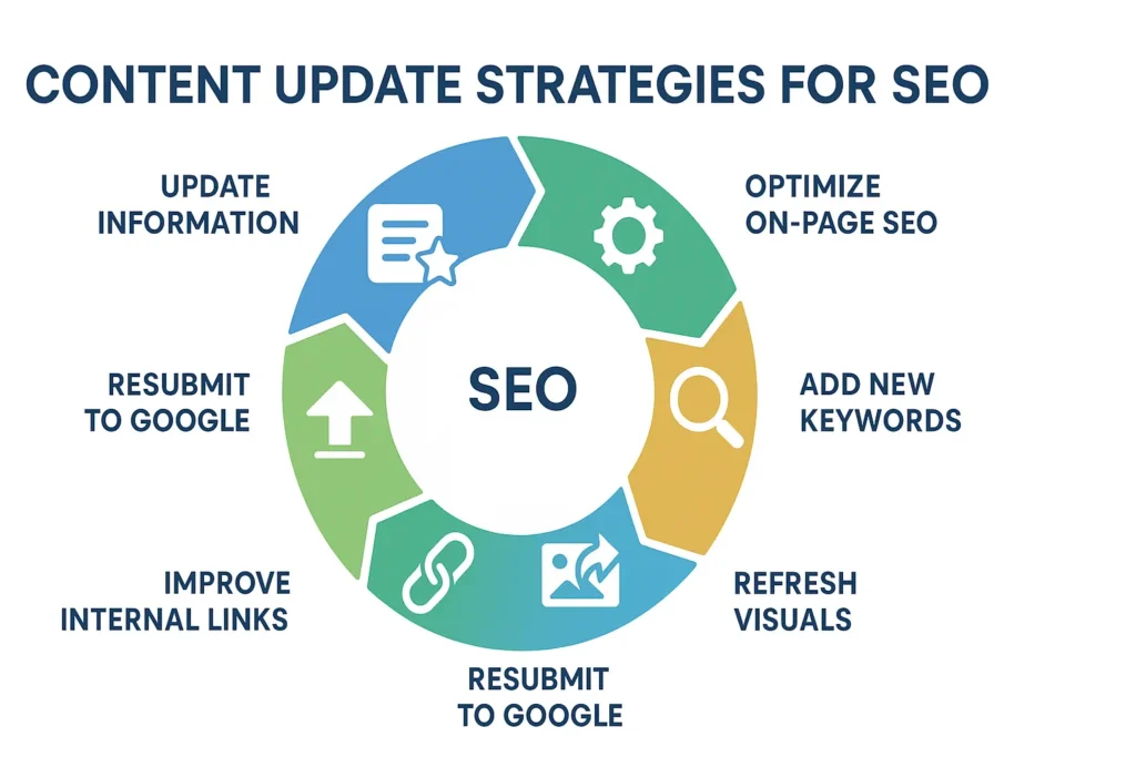A circular diagram with colorful segments illustrates six main SEO content update strategies, each with icons and labels, visually representing a growth-focused optimization process.