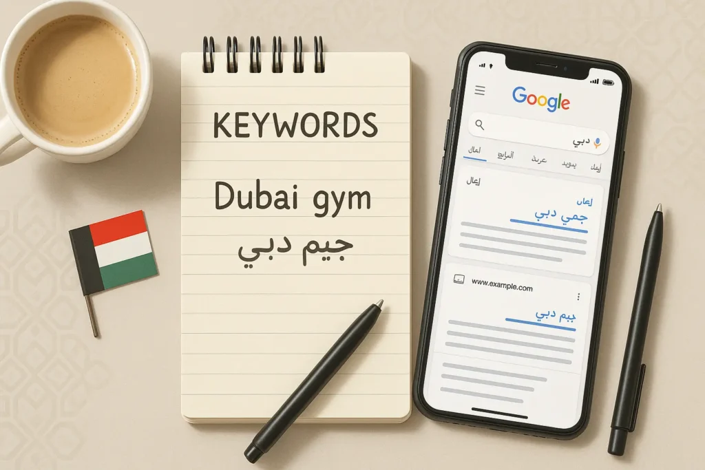 A realistic flat-lay photo of a notepad with English and Arabic keywords, a smartphone showing Google ads for UAE flag, coffee cup, and Arabic patterns, ideal for local keyword research in Dubai.